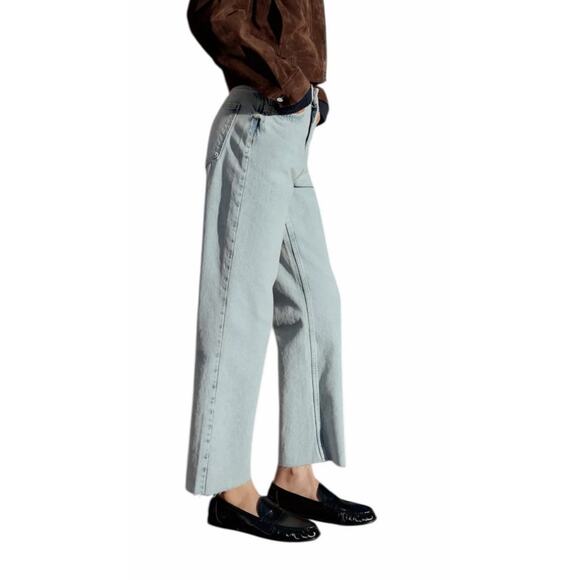 Zara Women's 4 Light Blue High Waist Straight Ankle Rigid Pocketed Cotton Jeans - Picture 4 of 10